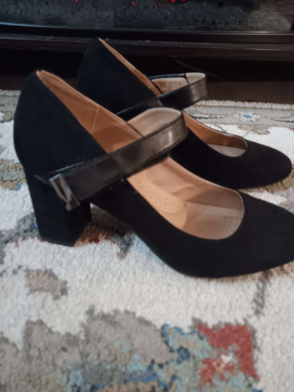 Dexflex comfort Black Suede Mary Jane Block Heel Pumps